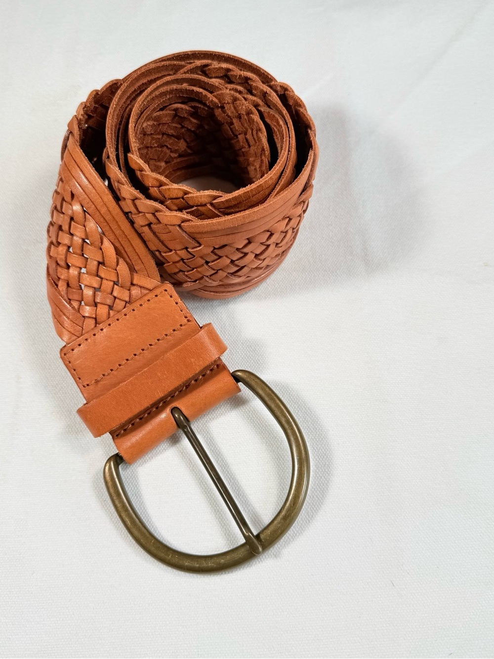 Banana Republic Wide Woven Leather Belt XS Tan Cognac Braided Brass Buckle 37466